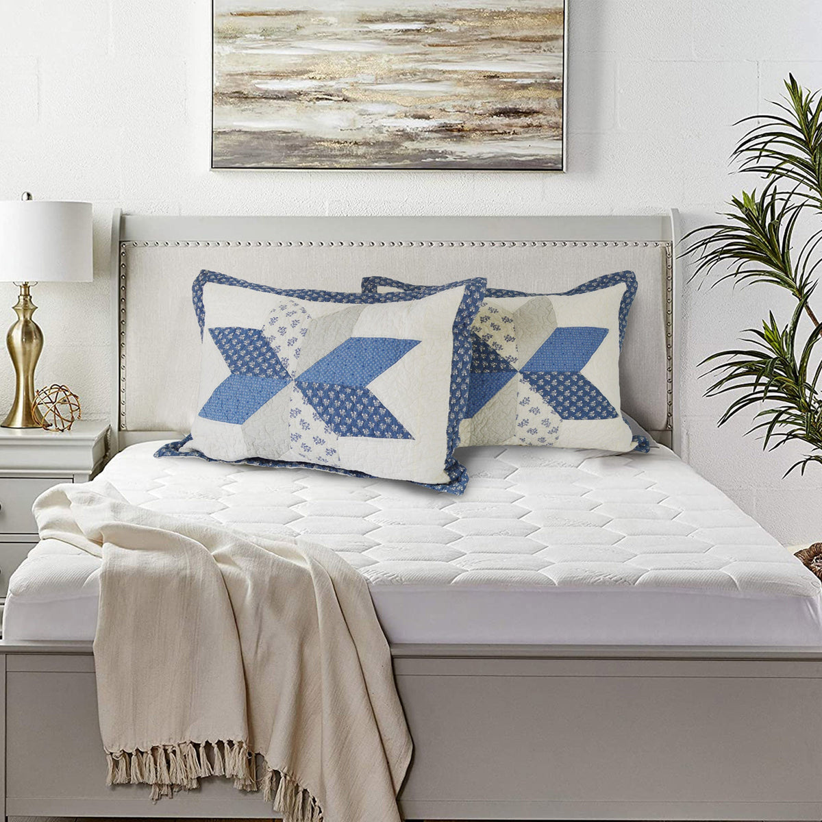 KASENTEX 100% Cotton Summer Diamond Blue Patchwork Quilt King Size Pillow Sham, Boho Style, Motif Blue and Ivory, Room Decor, Graduation Gifts