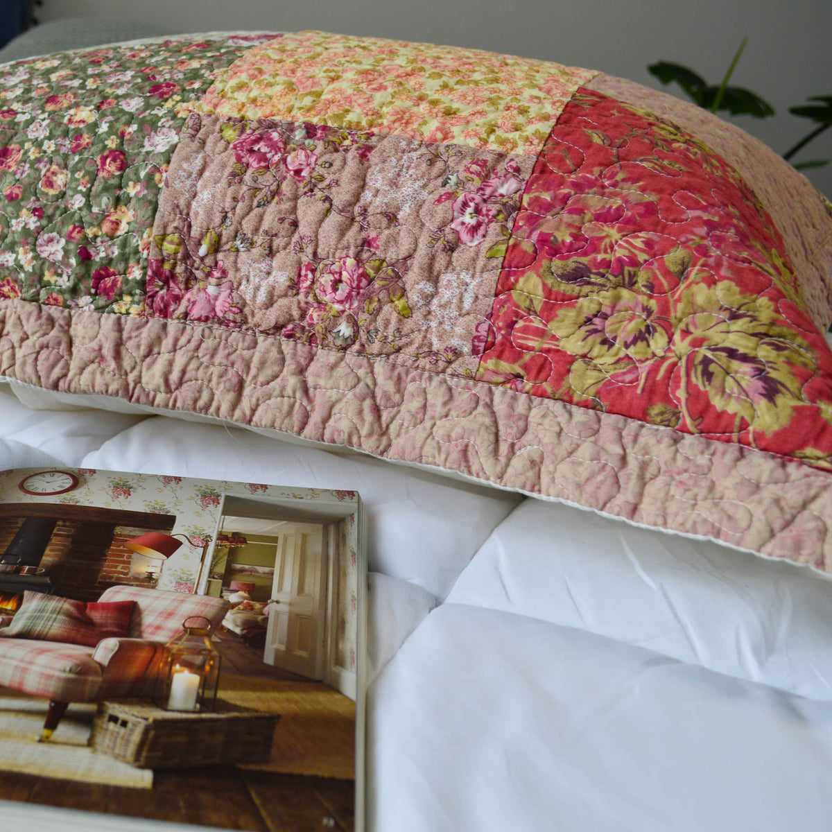 KASENTEX 100% Cotton Summer Royal Garden Floral King Size Pillow Sham, Boho Style, Yellow and Pink, Room Decor, Graduation Gifts