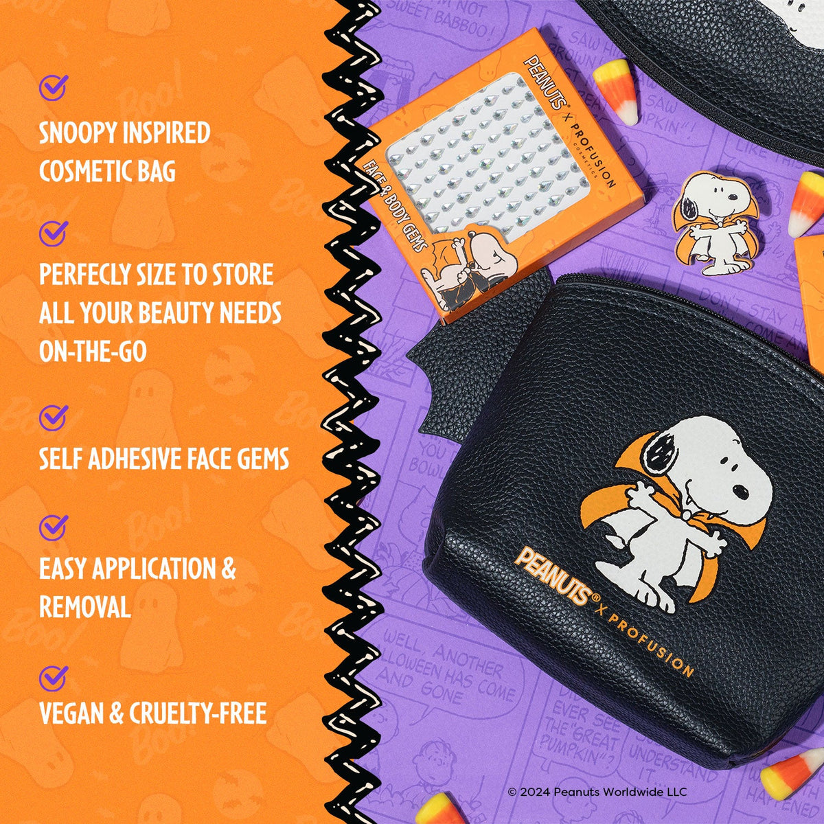 PROFUSION Peanuts Halloween | Count Snoopy Cosmetic Bag Set with Gems