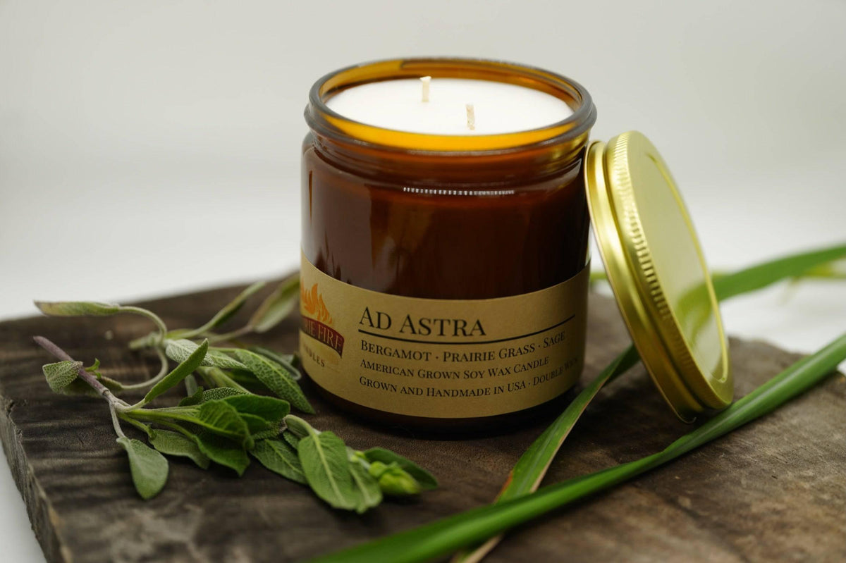 PRAIRIE FIRE Ad Astra Soy Wax Candle | 16 oz Double Wick Amber Apothecary Jar