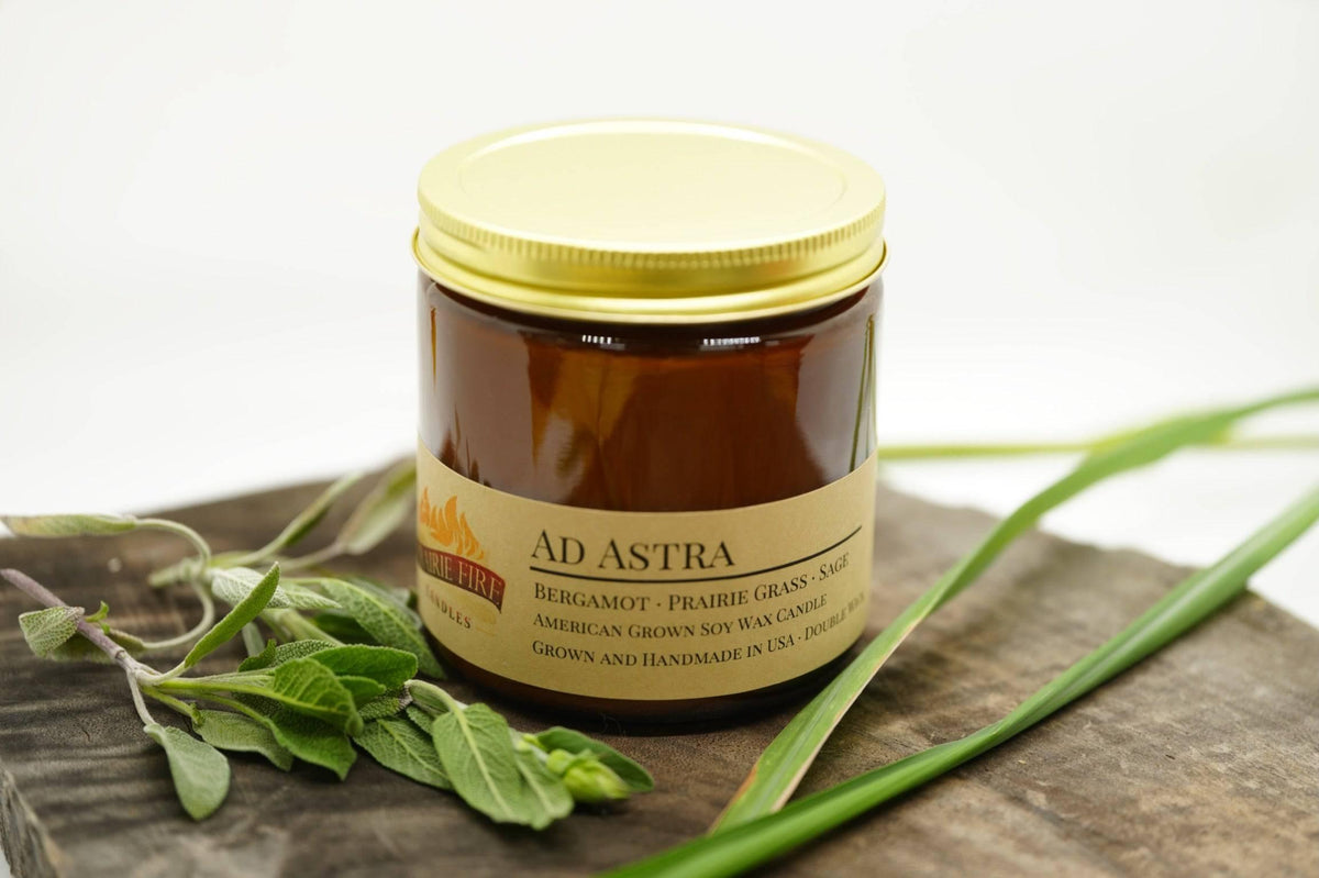 PRAIRIE FIRE Ad Astra Soy Wax Candle | 16 oz Double Wick Amber Apothecary Jar