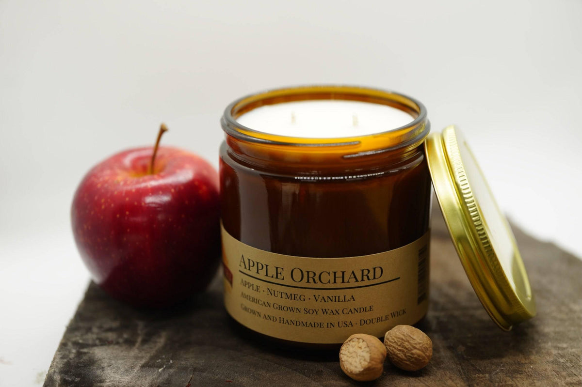 PRAIRIE FIRE Apple Orchard Soy Wax Candle | 16 oz Double Wick Amber Apothecary Jar Candle