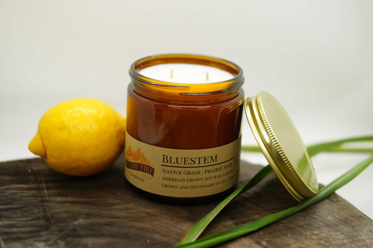 PRAIRIE FIRE Bluestem Soy Wax Candle | 16 oz Double Wick Amber Apothecary Jar Candle