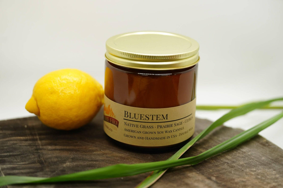 PRAIRIE FIRE Bluestem Soy Wax Candle | 16 oz Double Wick Amber Apothecary Jar Candle