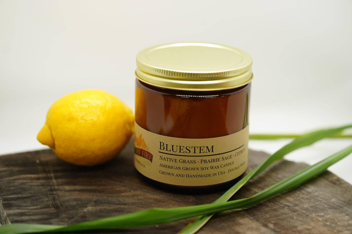 PRAIRIE FIRE Bluestem Soy Wax Candle | 16 oz Double Wick Amber Apothecary Jar Candle