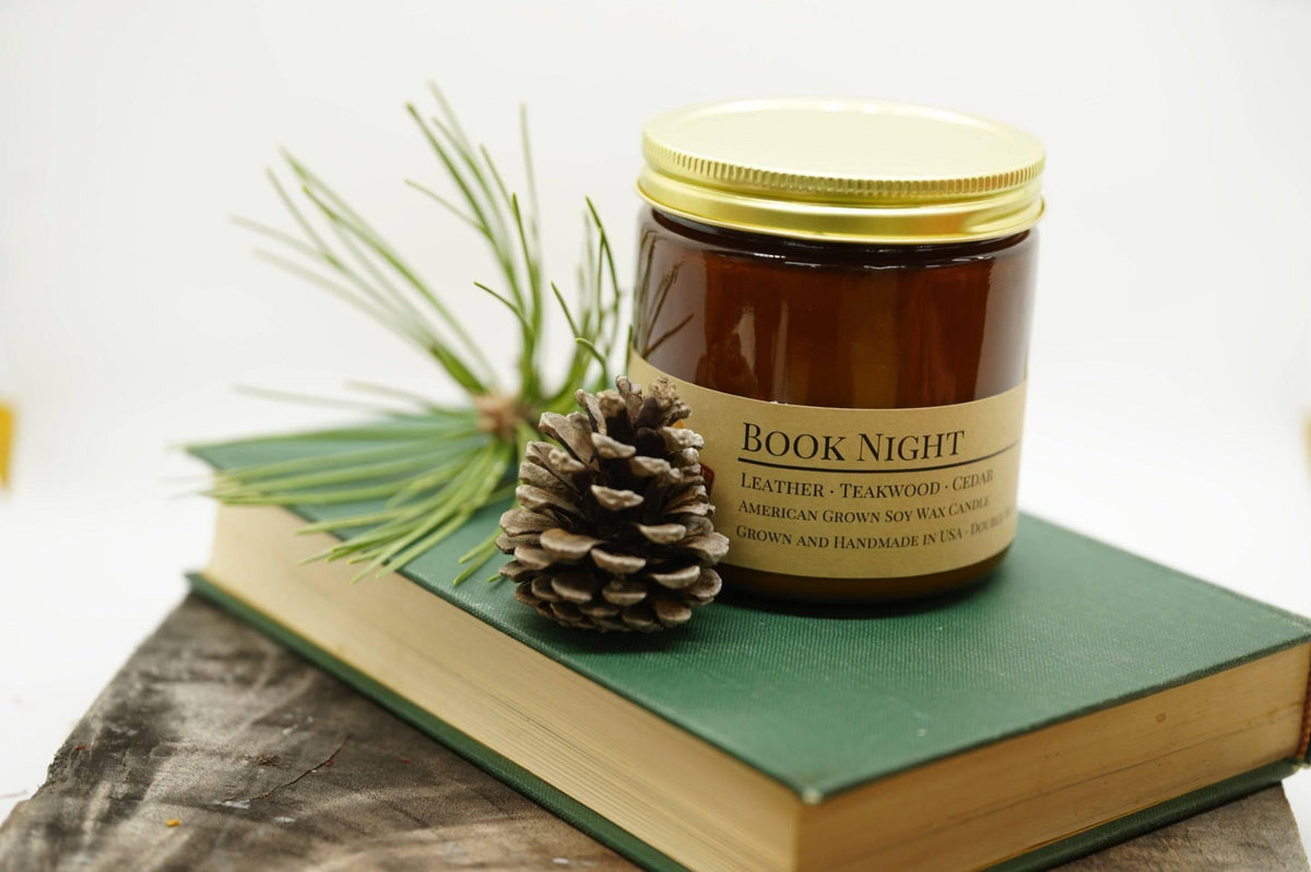 PRAIRIE FIRE Book Night Soy Wax Candle | 16 oz Double Wick Amber Apothecary Jar Candle