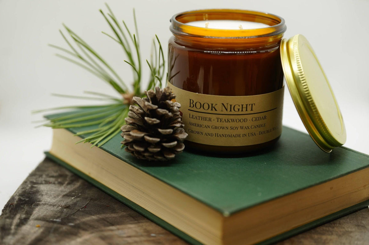 PRAIRIE FIRE Book Night Soy Wax Candle | 16 oz Double Wick Amber Apothecary Jar Candle