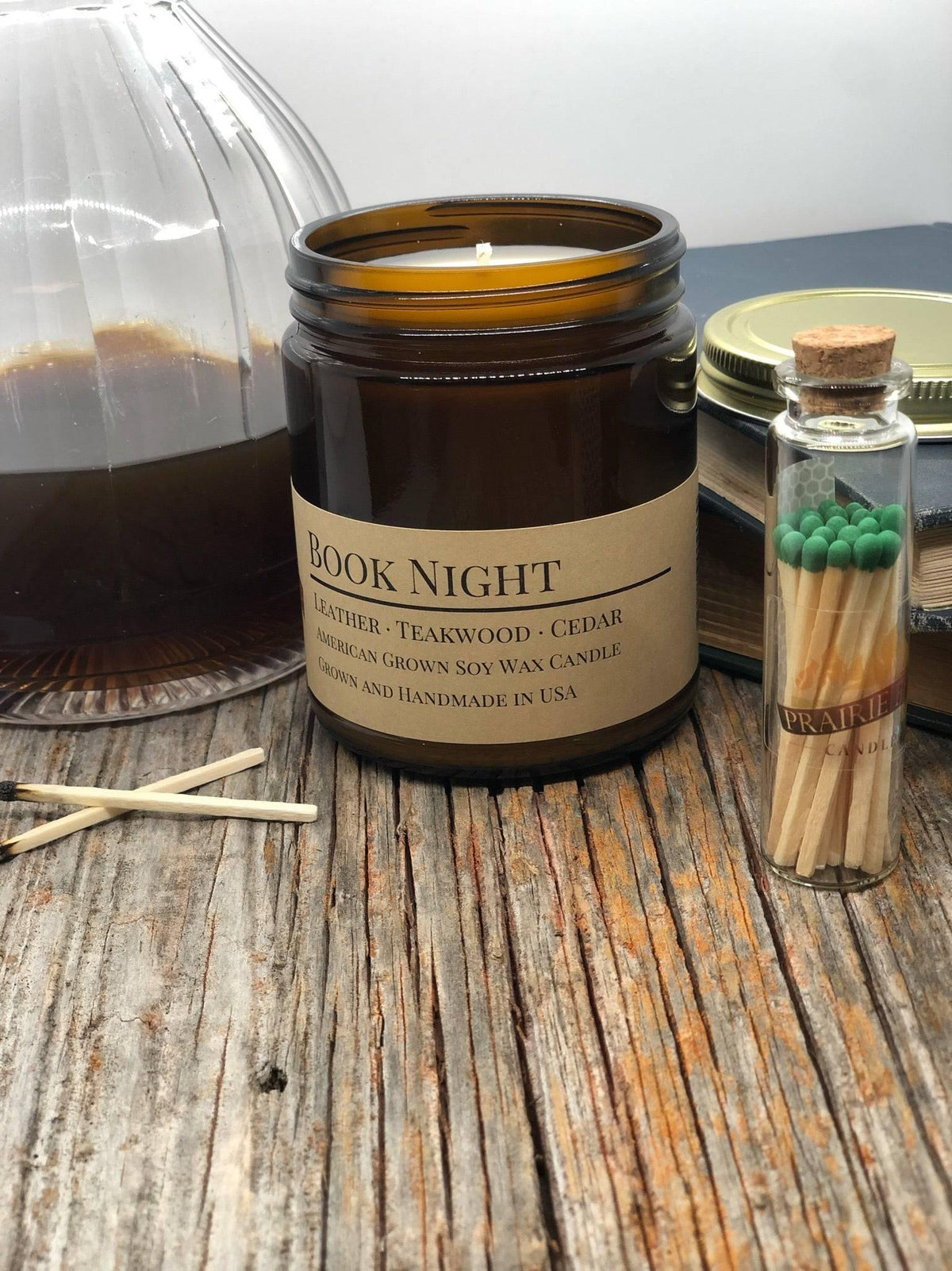 PRAIRIE FIRE Book Night Soy Wax Candle | 9 oz Amber Apothecary Jar