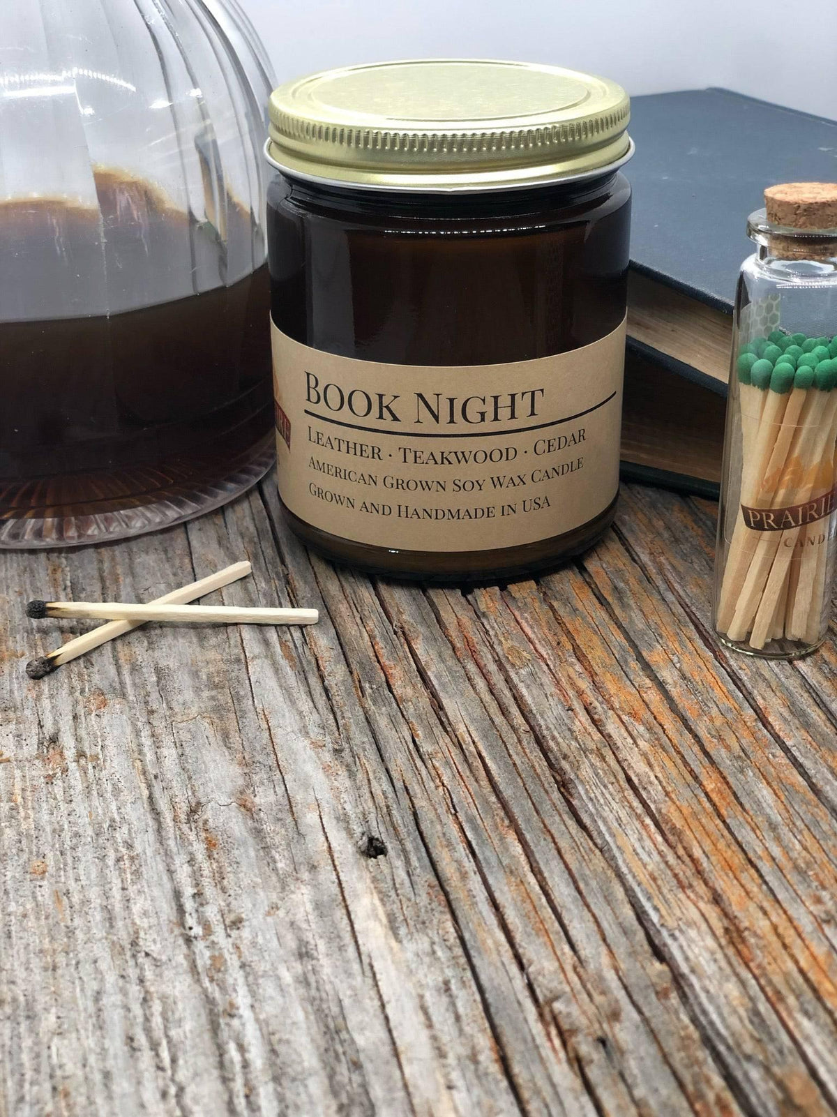 PRAIRIE FIRE Book Night Soy Wax Candle | 9 oz Amber Apothecary Jar