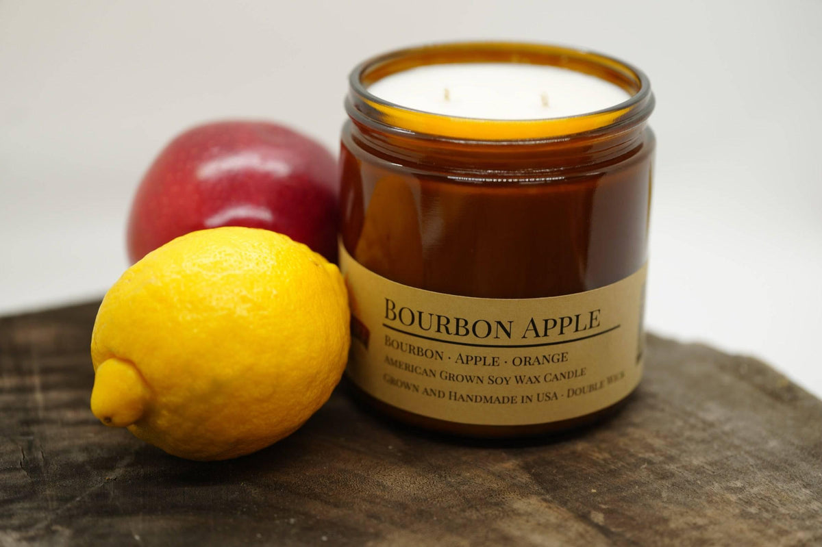 PRAIRIE FIRE Bourbon Apple Soy Wax Candle | 16 oz Double Wick Amber Apothecary Jar Candle