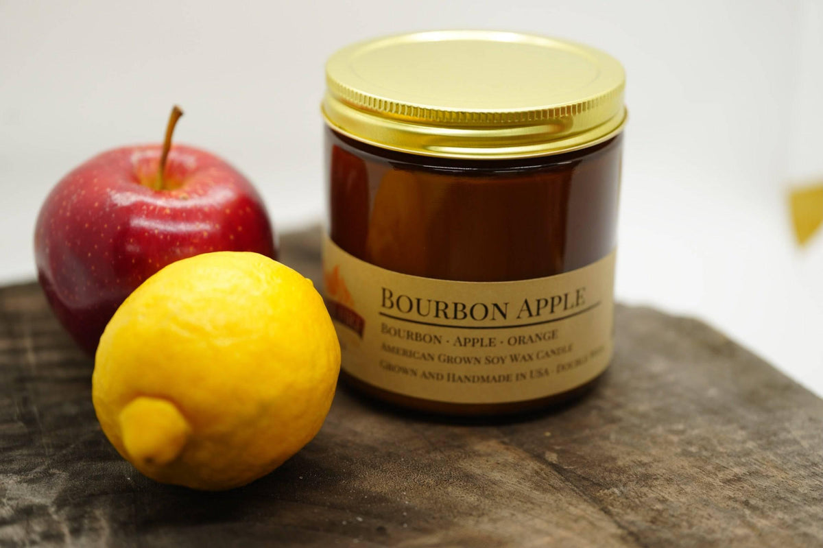 PRAIRIE FIRE Bourbon Apple Soy Wax Candle | 16 oz Double Wick Amber Apothecary Jar Candle