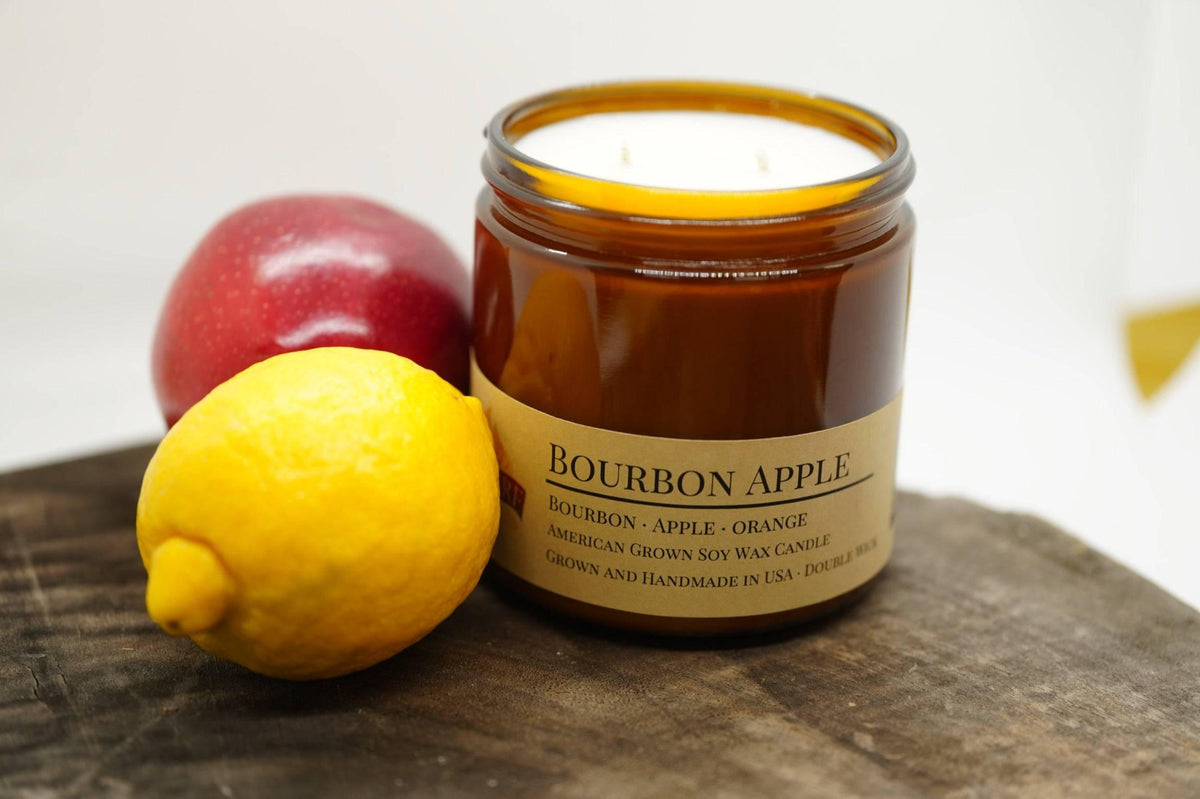 PRAIRIE FIRE Bourbon Apple Soy Wax Candle | 16 oz Double Wick Amber Apothecary Jar Candle