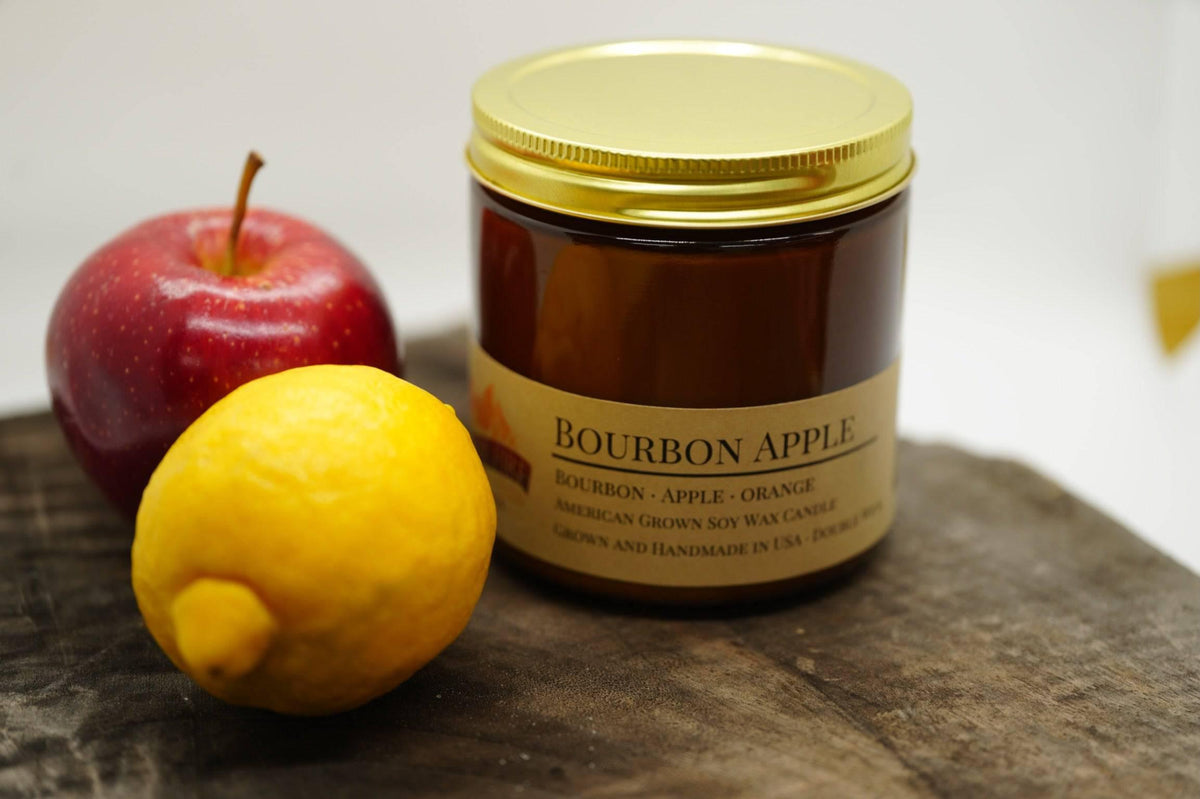 PRAIRIE FIRE Bourbon Apple Soy Wax Candle | 16 oz Double Wick Amber Apothecary Jar Candle