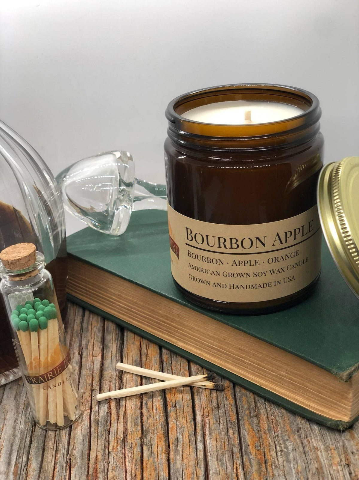 PRAIRIE FIRE Bourbon Apple Soy Wax Candle | 9 oz Amber Apothecary Jar