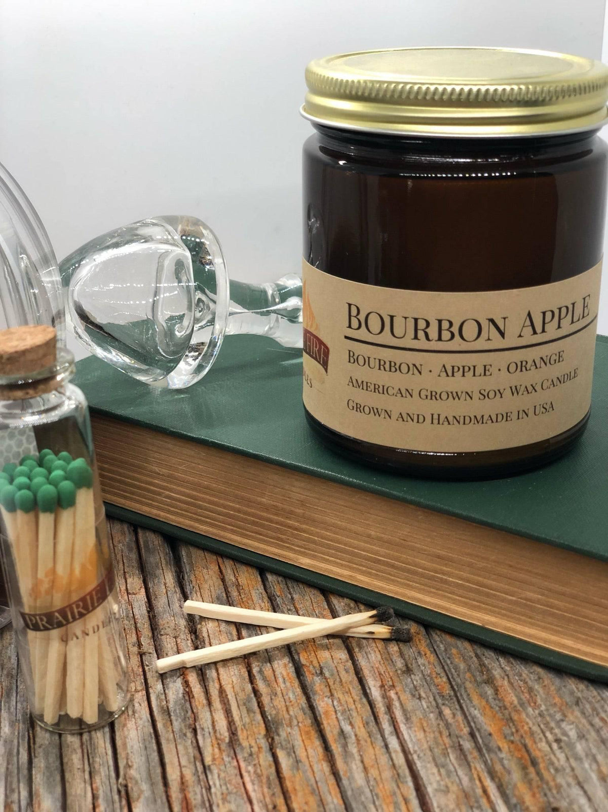 PRAIRIE FIRE Bourbon Apple Soy Wax Candle | 9 oz Amber Apothecary Jar