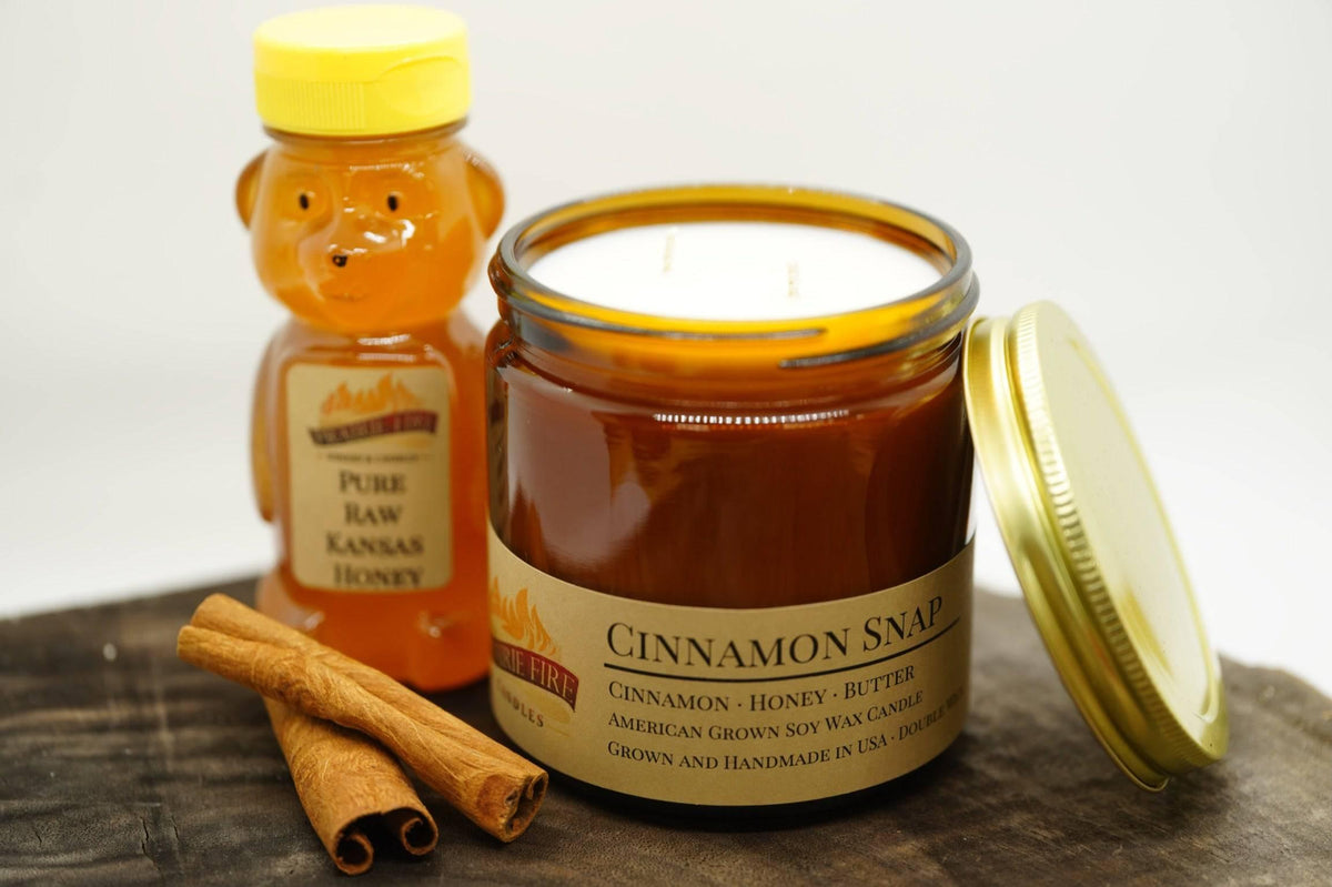 PRAIRIE FIRE Cinnamon Snap Soy Wax Candle | 16 oz Double Wick Amber Apothecary Jar