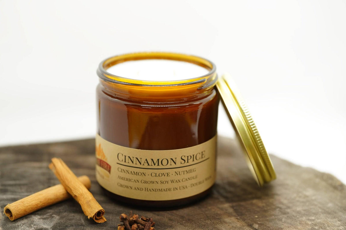 PRAIRIE FIRE Cinnamon Spice Soy Wax Candle | 16 oz Double Wick Amber Apothecary Jar