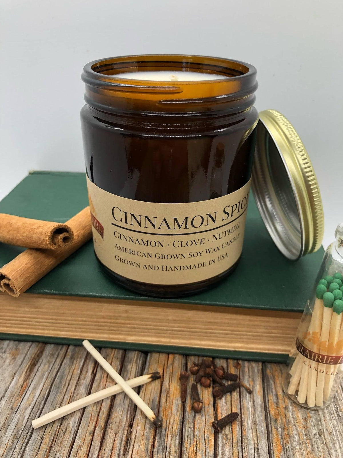 PRAIRIE FIRE Cinnamon Spice Soy Wax Candle | 9 oz Amber Apothecary Jar
