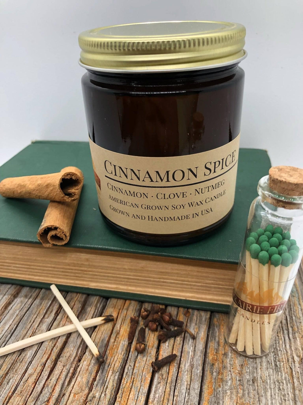 PRAIRIE FIRE Cinnamon Spice Soy Wax Candle | 9 oz Amber Apothecary Jar