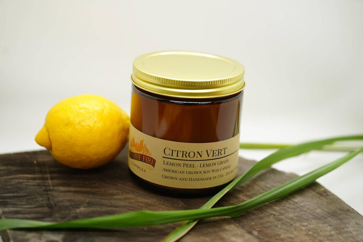PRAIRIE FIRE Citron Vert Soy Wax Candle | 16 oz Double Wick Amber Apothecary Jar