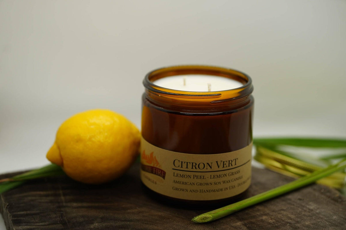 PRAIRIE FIRE Citron Vert Soy Wax Candle | 16 oz Double Wick Amber Apothecary Jar