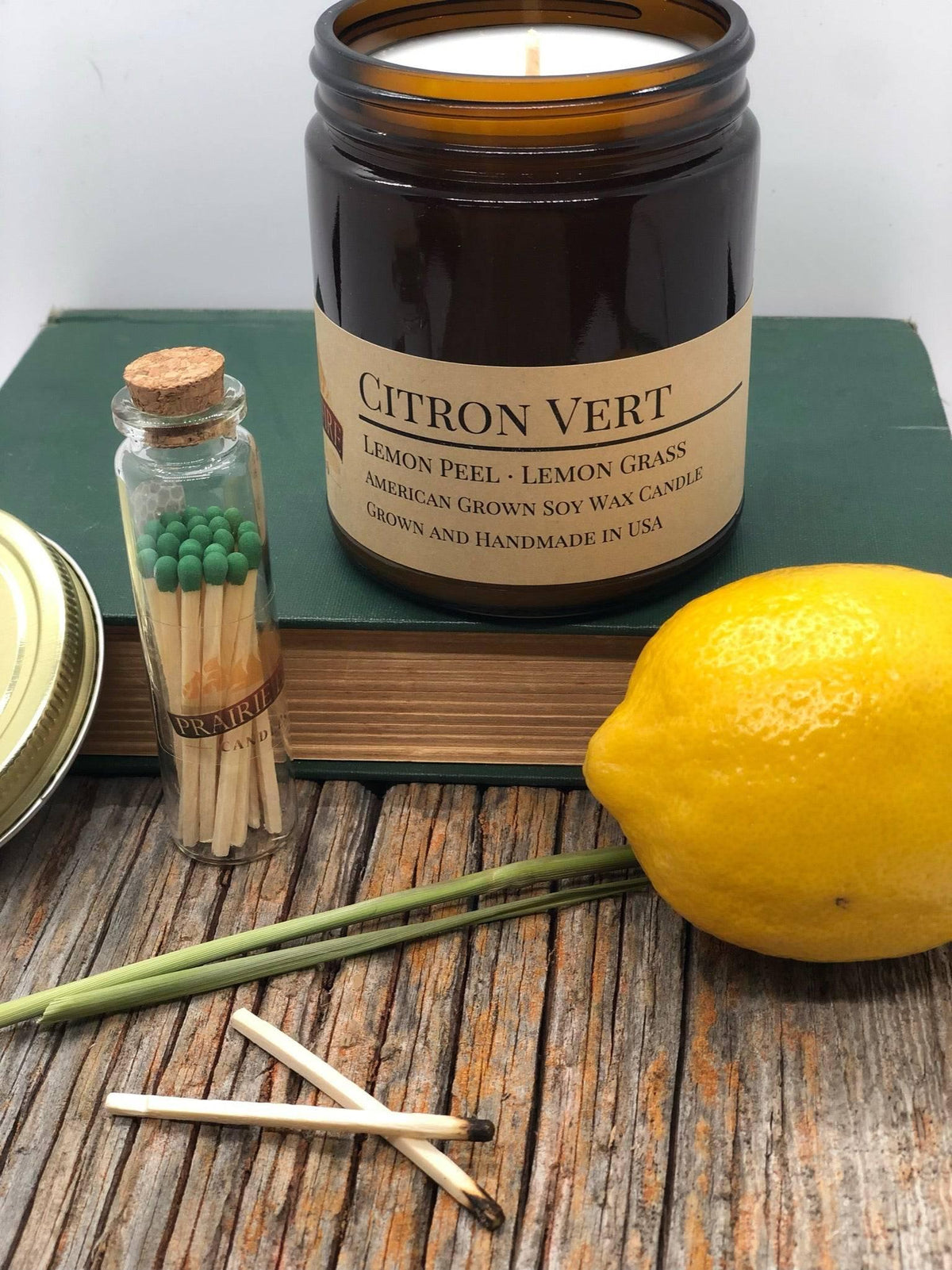 PRAIRIE FIRE Citron Vert Soy Wax Candle | 9 oz Amber Apothecary Jar