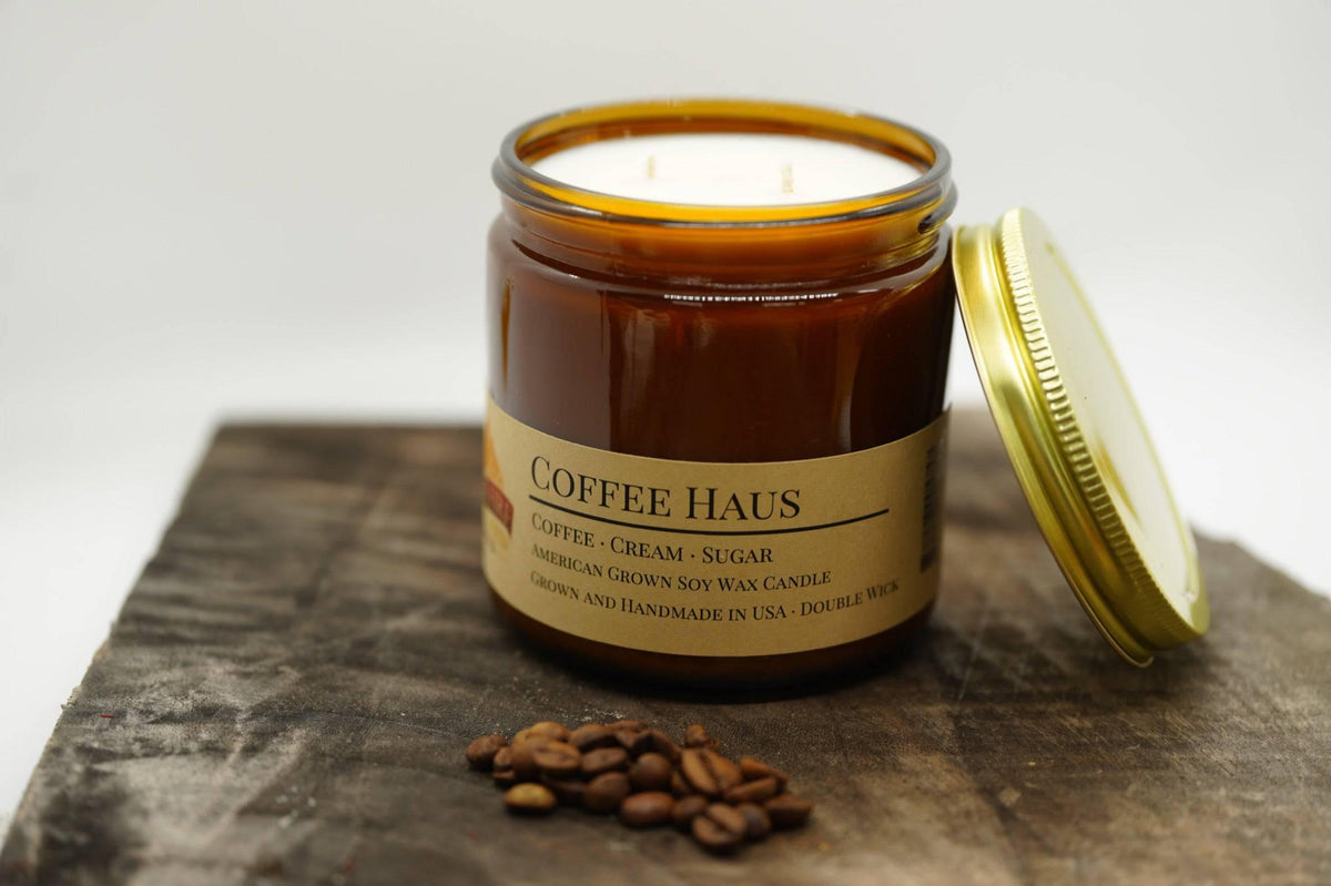 PRAIRIE FIRE Coffee Haus Soy Wax Candle | 16 oz Double Wick Amber Apothecary Jar