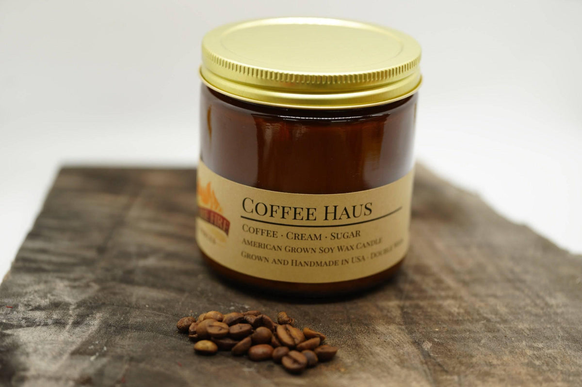 PRAIRIE FIRE Coffee Haus Soy Wax Candle | 16 oz Double Wick Amber Apothecary Jar