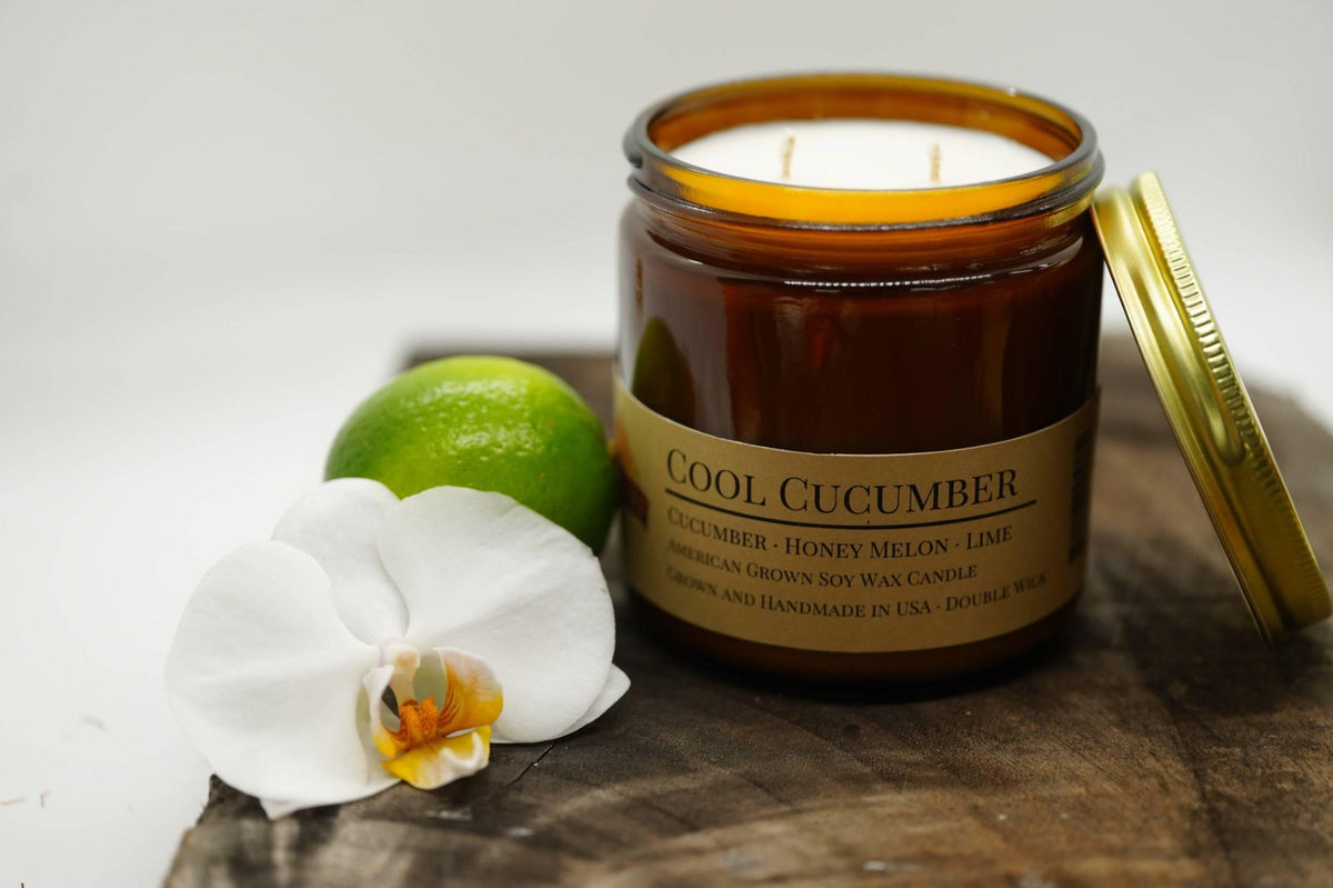 PRAIRIE FIRE Cool Cucumber Soy Wax Candle | 16 oz Double Wick Amber Apothecary Jar