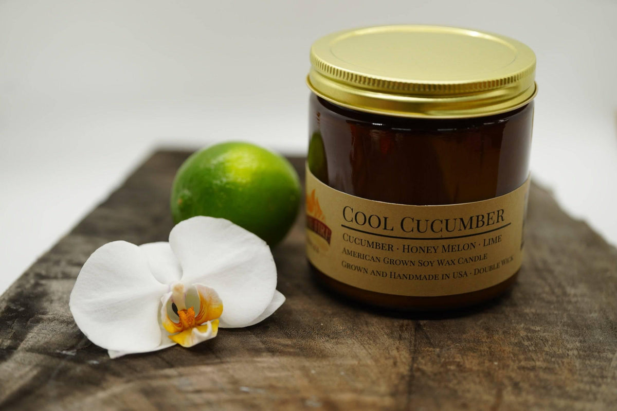 PRAIRIE FIRE Cool Cucumber Soy Wax Candle | 16 oz Double Wick Amber Apothecary Jar