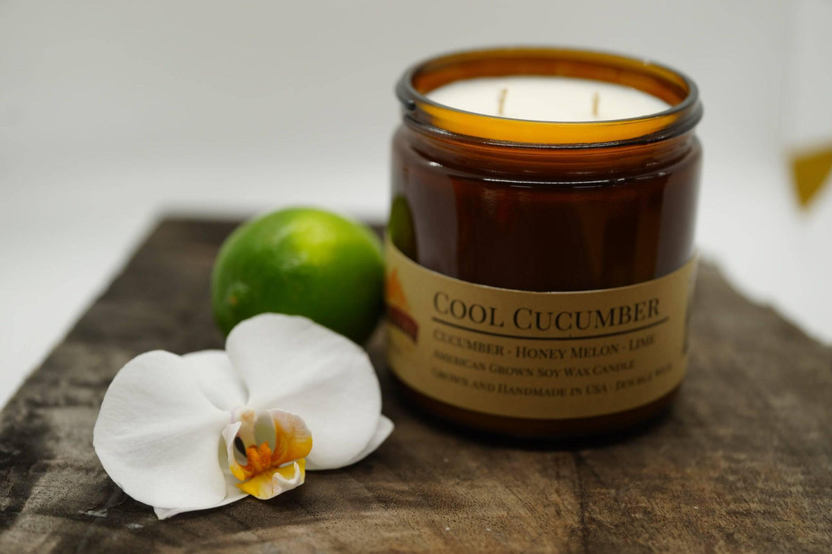 PRAIRIE FIRE Cool Cucumber Soy Wax Candle | 16 oz Double Wick Amber Apothecary Jar