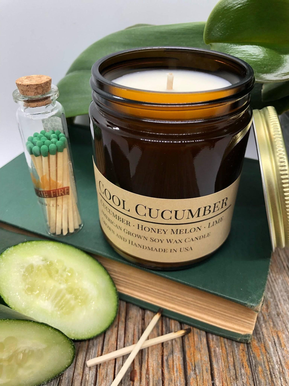 PRAIRIE FIRE Cool Cucumber Soy Wax Candle | 9 oz Amber Apothecary Jar