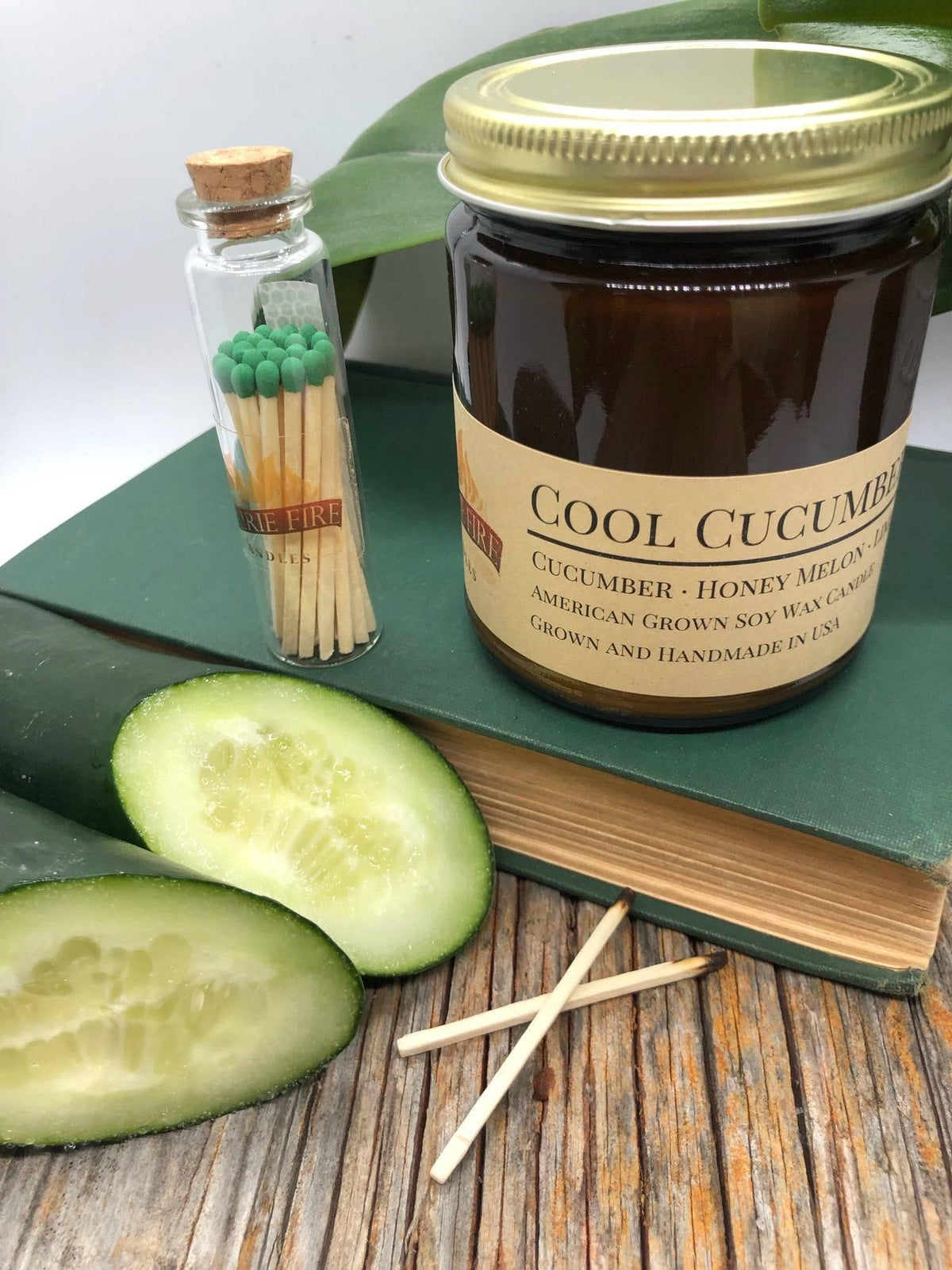 PRAIRIE FIRE Cool Cucumber Soy Wax Candle | 9 oz Amber Apothecary Jar