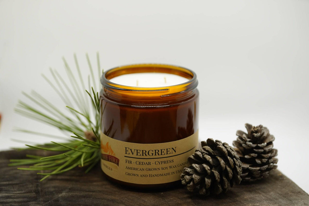 PRAIRIE FIRE Evergreen Soy Wax Candle | 16 oz Double Wick Amber Apothecary Jar