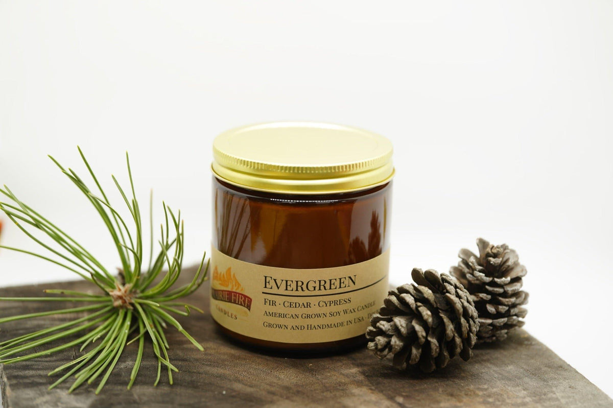 PRAIRIE FIRE Evergreen Soy Wax Candle | 16 oz Double Wick Amber Apothecary Jar