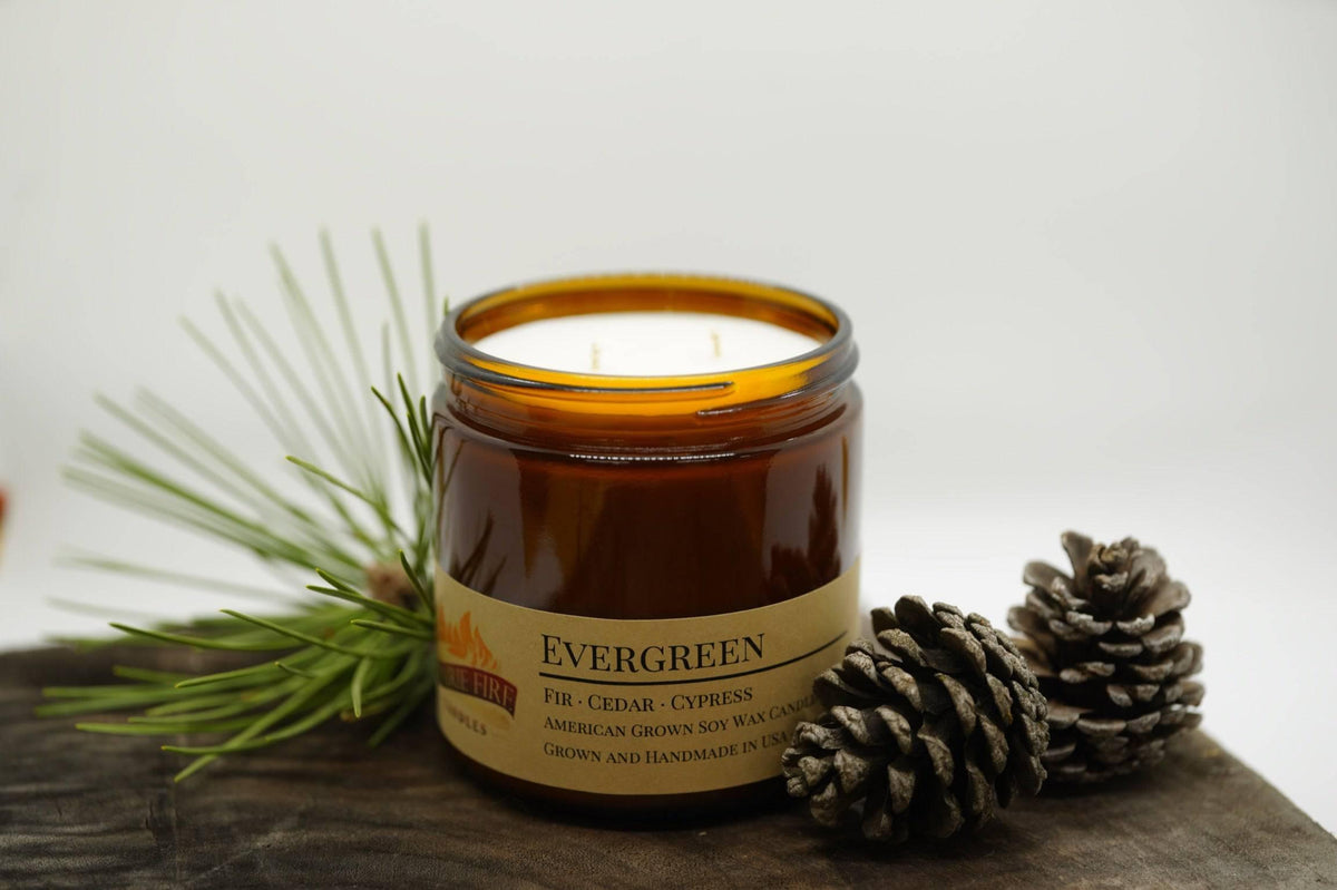 PRAIRIE FIRE Evergreen Soy Wax Candle | 16 oz Double Wick Amber Apothecary Jar