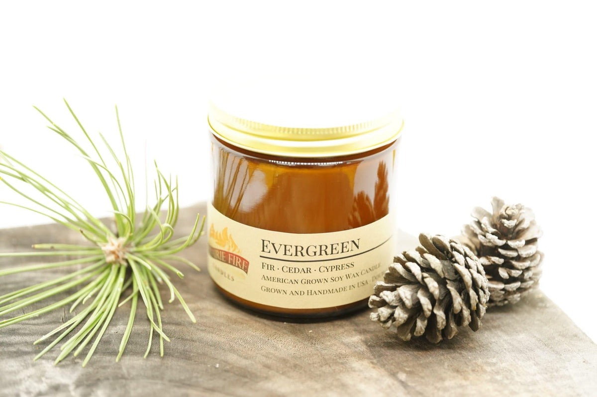 PRAIRIE FIRE Evergreen Soy Wax Candle | 16 oz Double Wick Amber Apothecary Jar