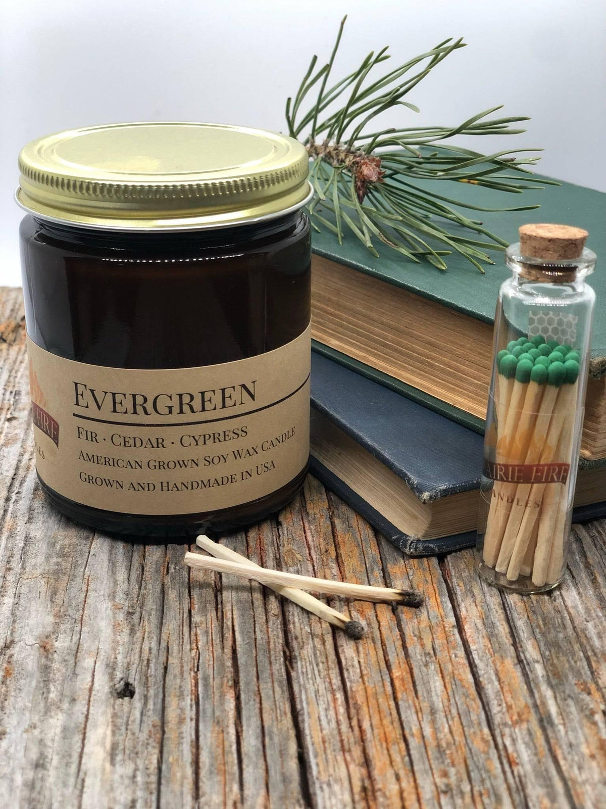 PRAIRIE FIRE Evergreen Soy Wax Candle | 9 oz Amber Apothecary Jar
