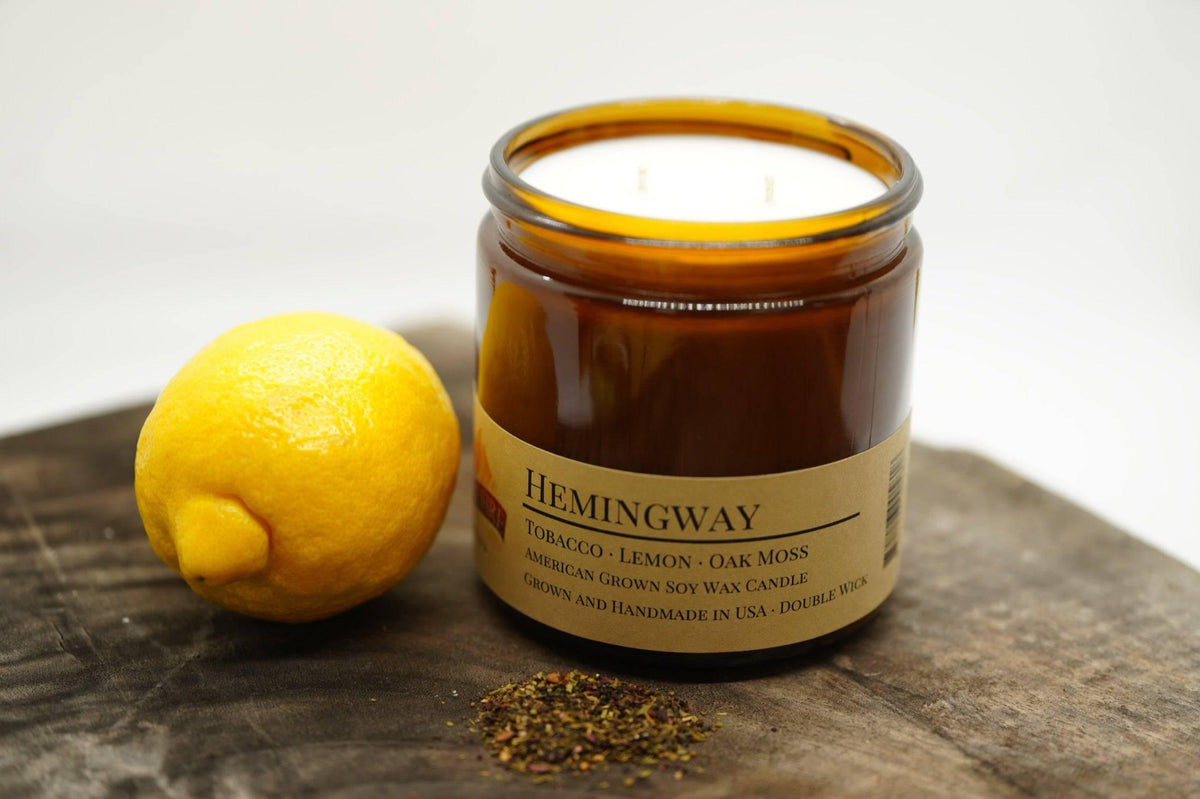 PRAIRIE FIRE Hemingway Soy Wax Candle | 16 oz Double Wick Amber Apothecary Jar