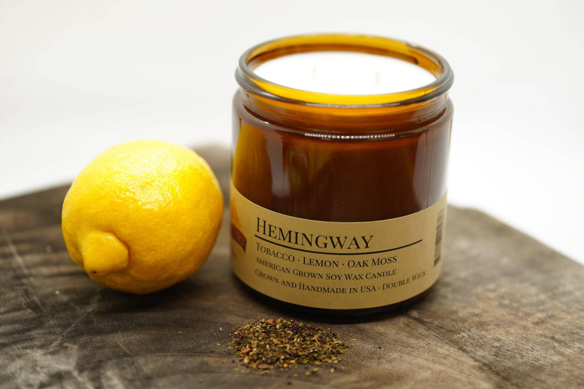 PRAIRIE FIRE Hemingway Soy Wax Candle | 16 oz Double Wick Amber Apothecary Jar