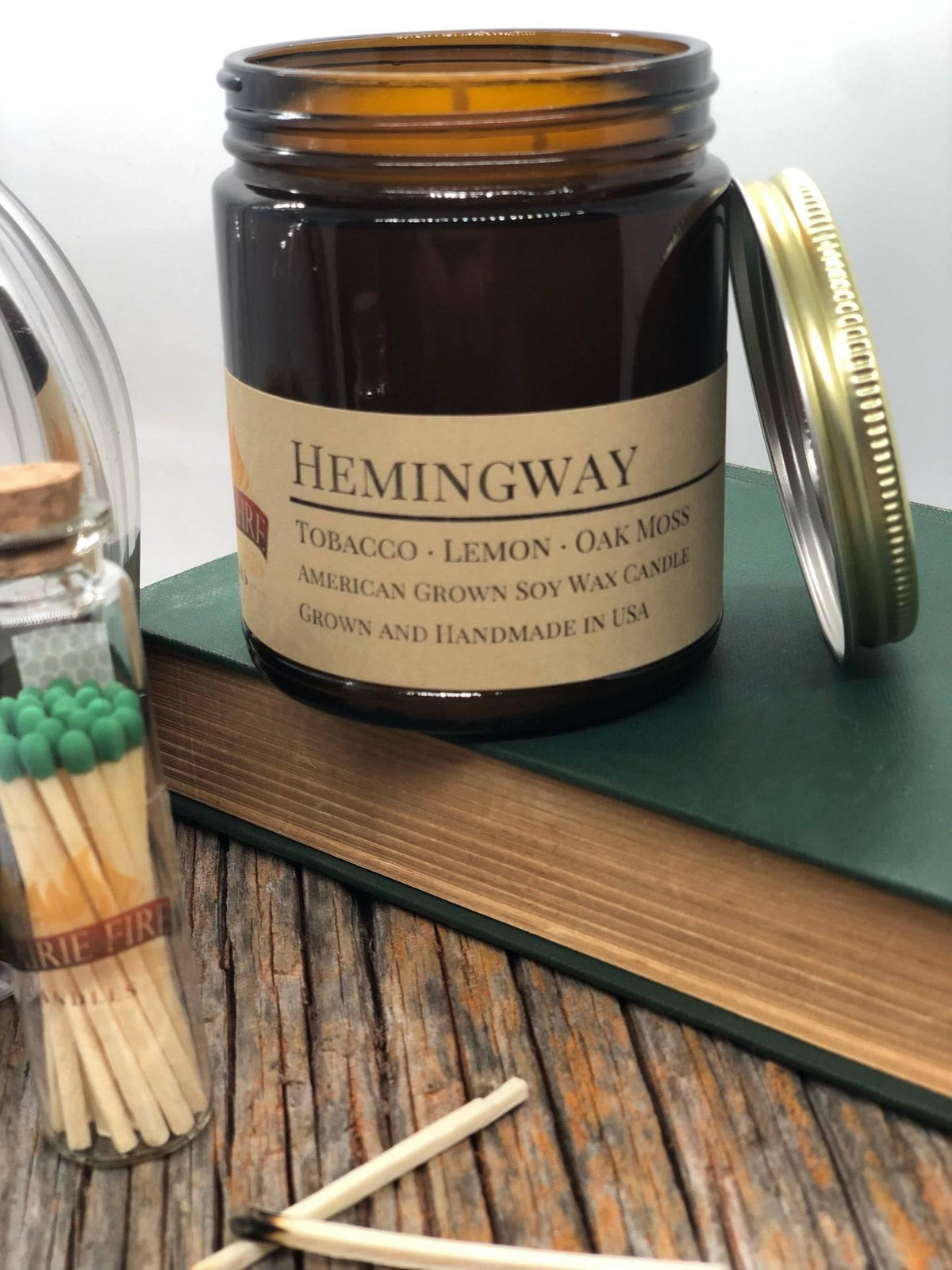 PRAIRIE FIRE Hemingway Soy Wax Candle | 9 oz Amber Apothecary Jar