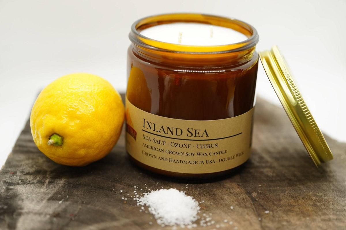 PRAIRIE FIRE Inland Sea Soy Wax Candle | 16 oz Double Wick Amber Apothecary Jar