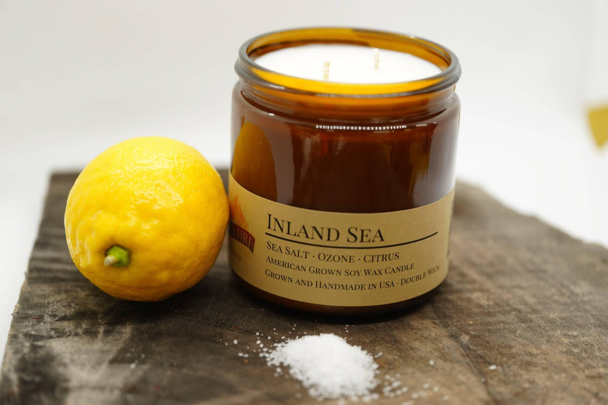 PRAIRIE FIRE Inland Sea Soy Wax Candle | 16 oz Double Wick Amber Apothecary Jar