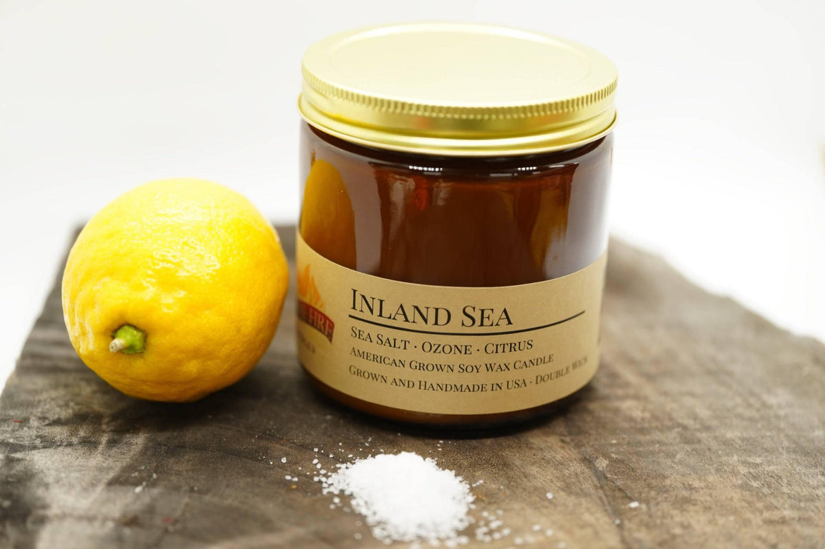 PRAIRIE FIRE Inland Sea Soy Wax Candle | 16 oz Double Wick Amber Apothecary Jar