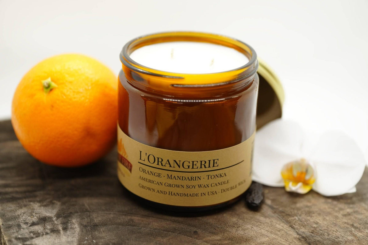 PRAIRIE FIRE L'Orangerie Soy Wax Candle | 16 oz Double Wick Amber Apothecary Jar