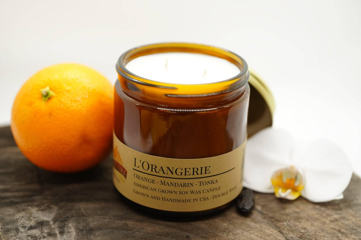 PRAIRIE FIRE L'Orangerie Soy Wax Candle | 16 oz Double Wick Amber Apothecary Jar