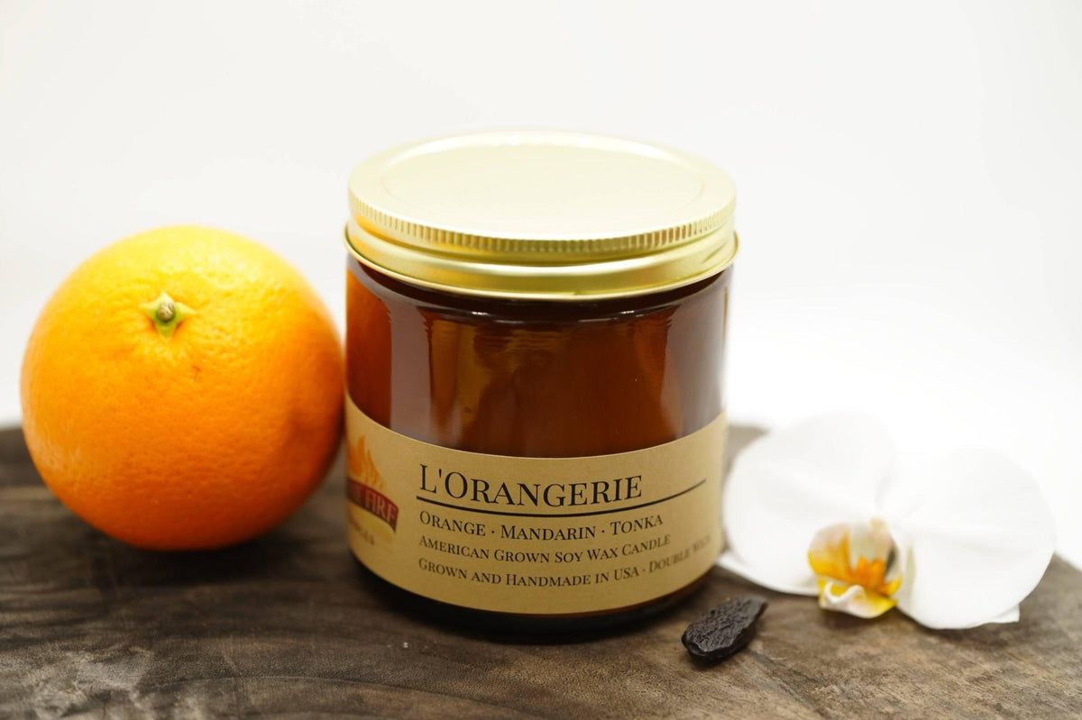 PRAIRIE FIRE L'Orangerie Soy Wax Candle | 16 oz Double Wick Amber Apothecary Jar