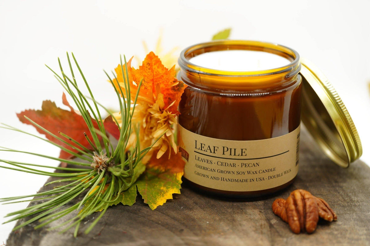PRAIRIE FIRE Leaf Pile Soy Wax Candle | 16 oz Double Wick Amber Apothecary Jar