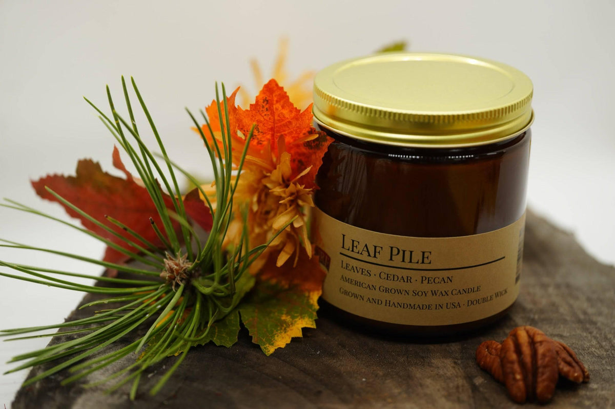 PRAIRIE FIRE Leaf Pile Soy Wax Candle | 16 oz Double Wick Amber Apothecary Jar