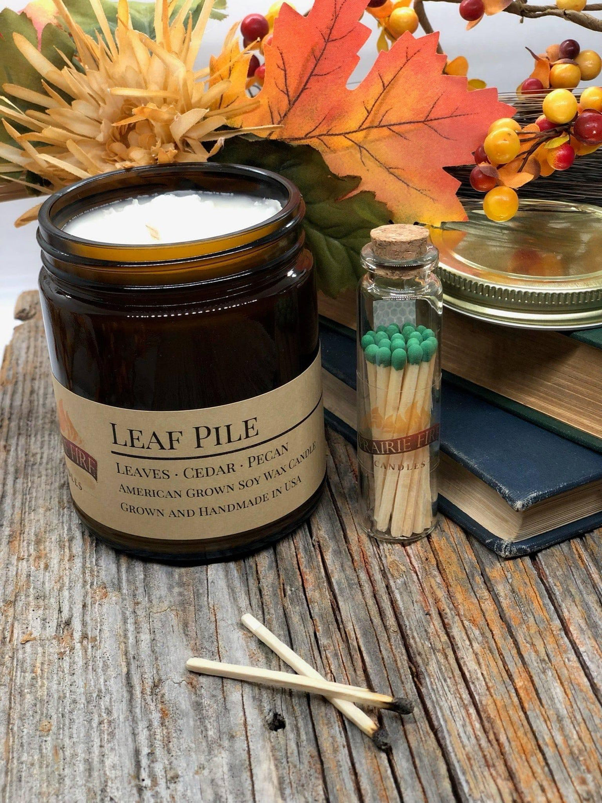 PRAIRIE FIRE Leaf Pile Soy Wax Candle | 9 oz Amber Apothecary Jar